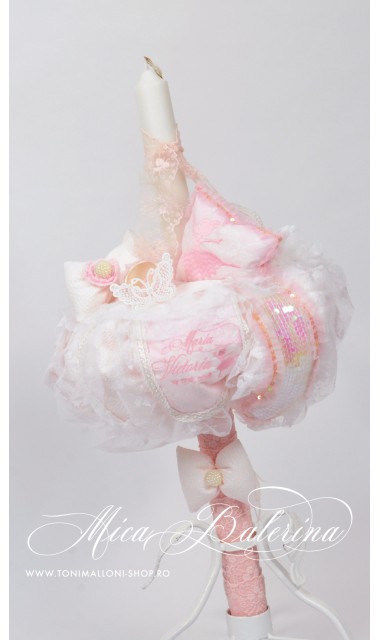 Lumanare de botez pentru fetite cu broderie personalizata, 65x4 cm, Mica balerina 3
